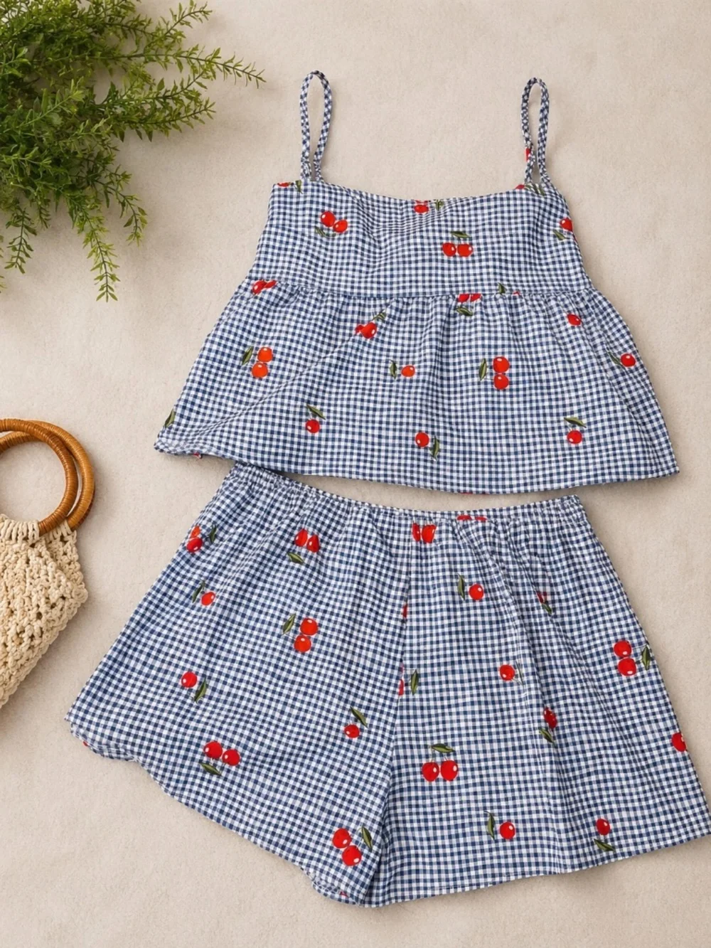 Blue Gingham Cherry Print Matching Set XL | Open Back Bow Tie Summer Outfi
